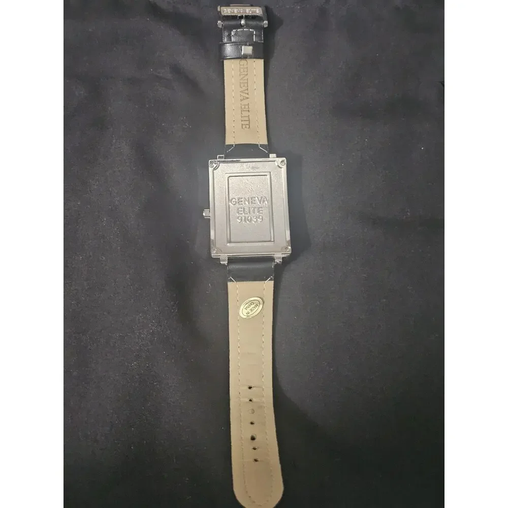 40.9mm tic tac toe rectangle Fashion Analog watch w/Black Faux Leather Band